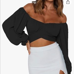 Women's Off Shoulder Long Sleeve Self Tie Knot Crop Tube Top Blouse
